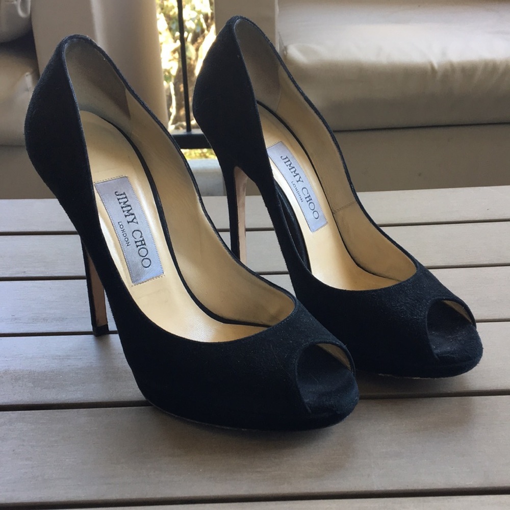 Jimmy Choo‎ Black Suede 'Quiet' Peeptoe Heels